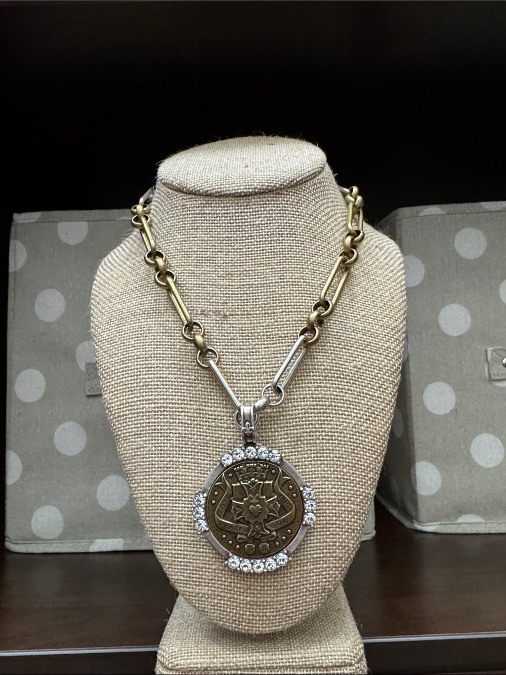 French Kande Penser medallion necklace, brass and silver